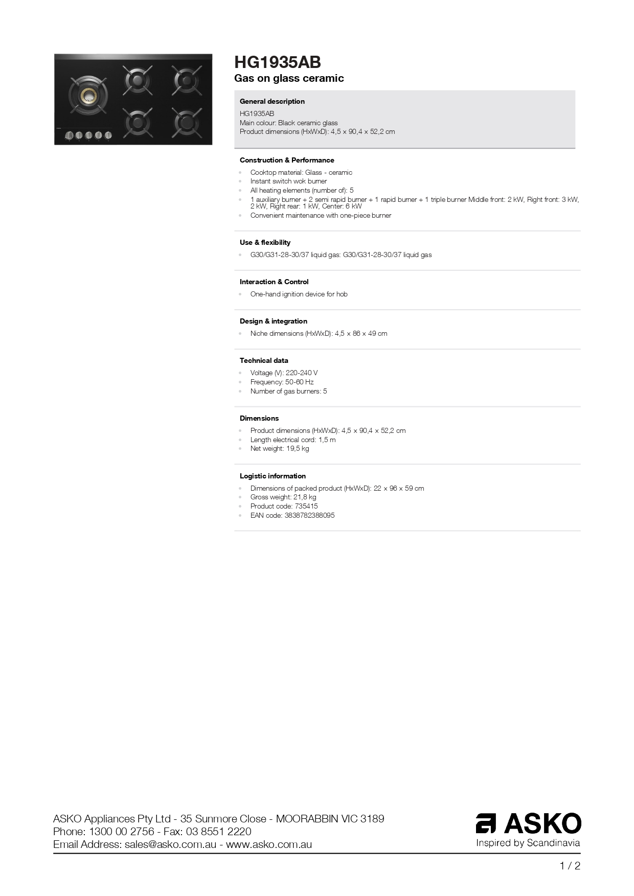 HG1935AB Kuhalna plošča ASKO